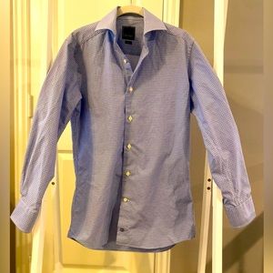 David Donahue Blue/White Plaid Long-Sleeve Dress Shirt. Size 15 / 32-33 Trim.